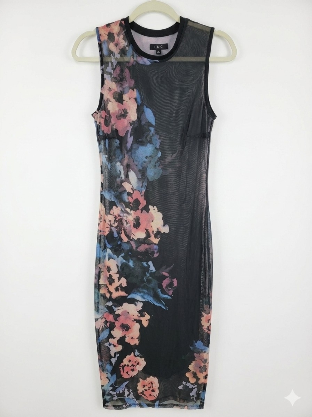 TDC Floral Print Black Mesh Dress Swim Cover Up Women's Size M Long Y2k